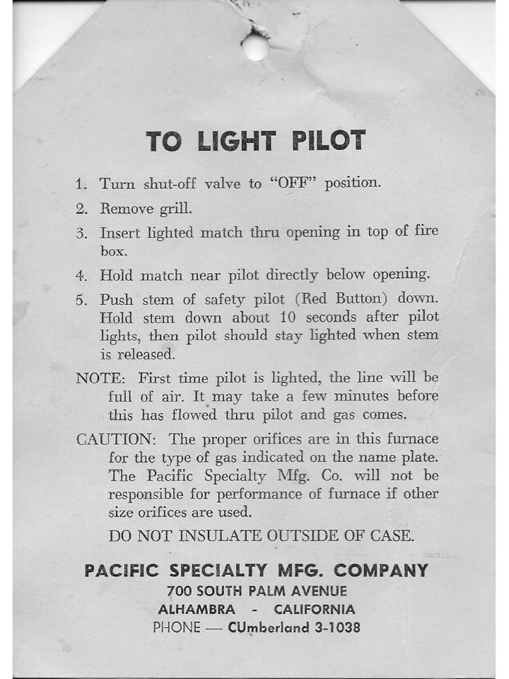 Floor Furnace Pilot Lighting Instructions Vintage Trailer Talk